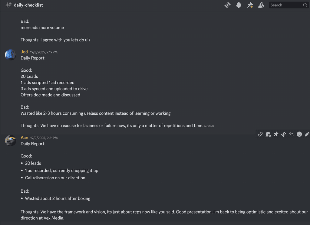 Daily check-in messages in the Discord accountability channel