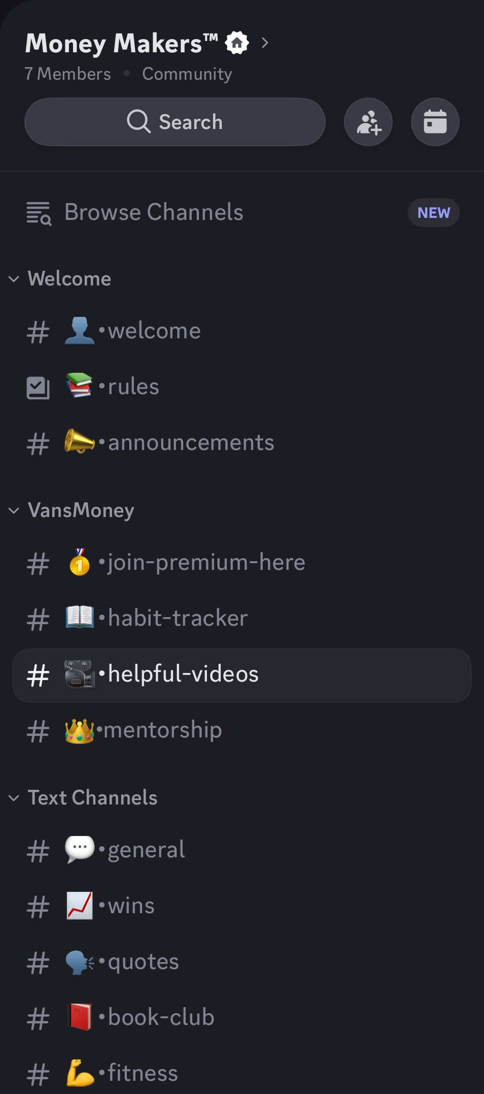 Discord channel list: rules, announcements, habit-tracker, helpful-videos